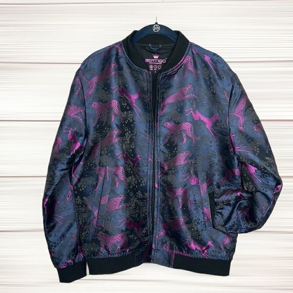 BERTIGO lan Animal Impala & Cheetah Jacquard  Bomber Jacket Navy Blue / Purple S - Picture 4 of 15